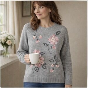 Alfred Dunner Women Gray Floral Embroidered Pearl Accent‎ Crew Neck Sweater L